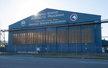 NSF/USAP aircraft hangar at Christchurch, New Zealand, displays NSF’s tagline 